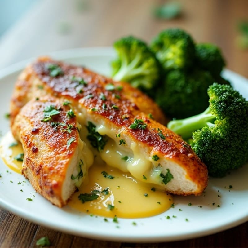 Chicken Breast with Molten Herb-Cheese Filling and Crispy Roasted Broccoli