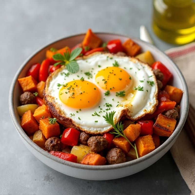 Crispy Sweet Potato and Chicken Sausage Hash with Baked Eggs