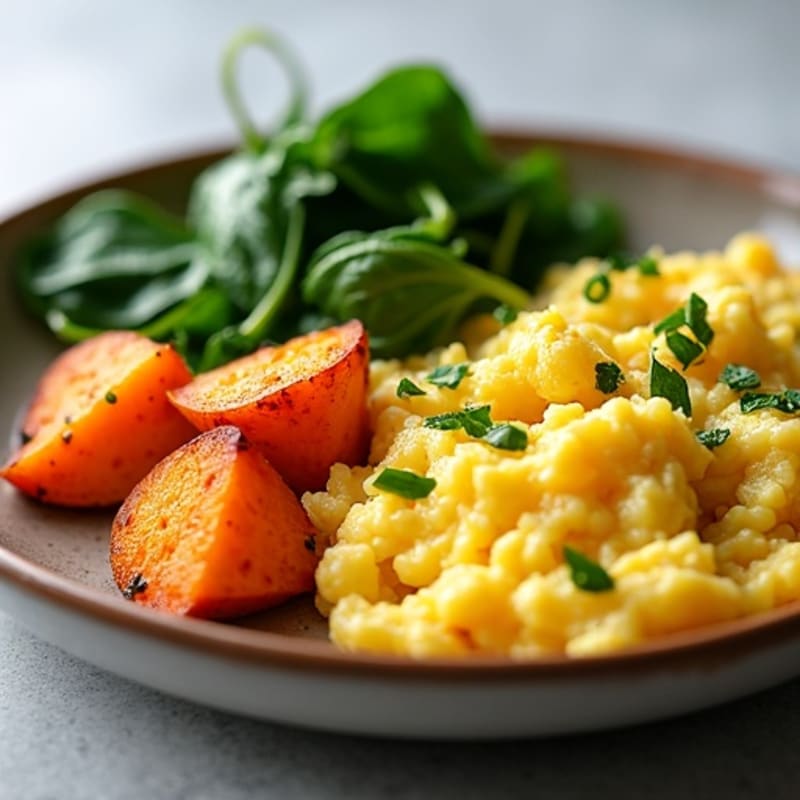 Fluffy Scrambled Eggs with Sautéed Spinach and Roasted Sweet Potatoes