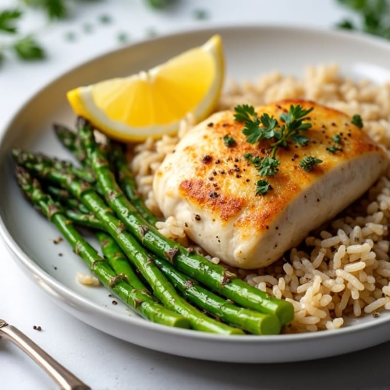 Lemon Herb Roasted Chicken with Crispy Asparagus and Brown Rice