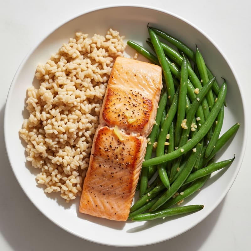 Seared Salmon with Garlic Green Beans and Brown Rice
