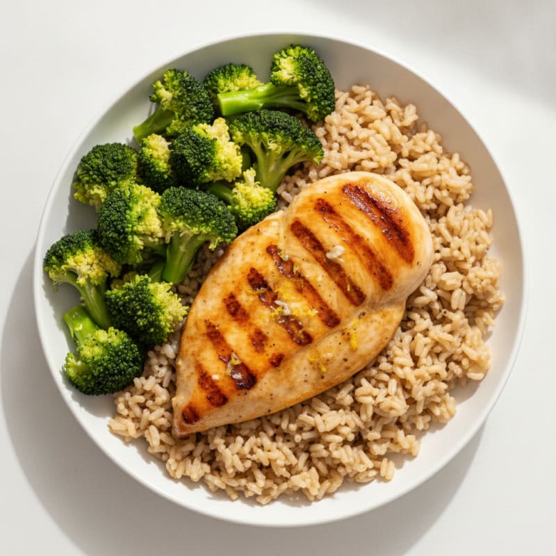 Grilled Chicken Breast with Brown Rice and Steamed Broccoli