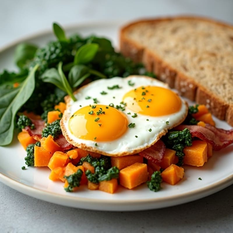 Crispy Turkey Bacon Egg White Scramble with Spinach and Sweet Potato