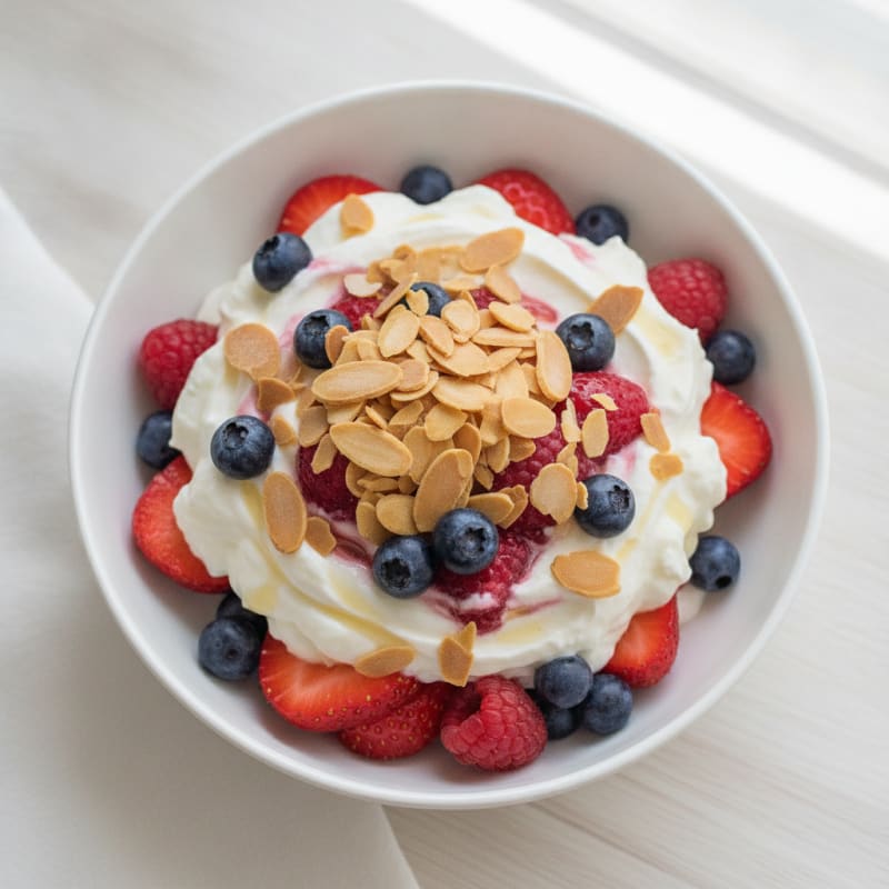 Vanilla Protein Yogurt Parfait with Mixed Berries and Almonds