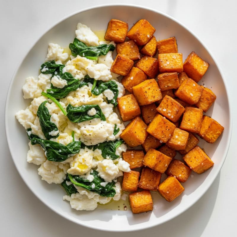 Egg White and Spinach Scramble with Roasted Sweet Potato