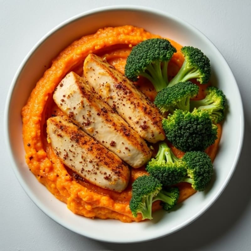 Creamy Sweet Potato Puree Bowl with Spiced Chicken and Roasted Broccoli