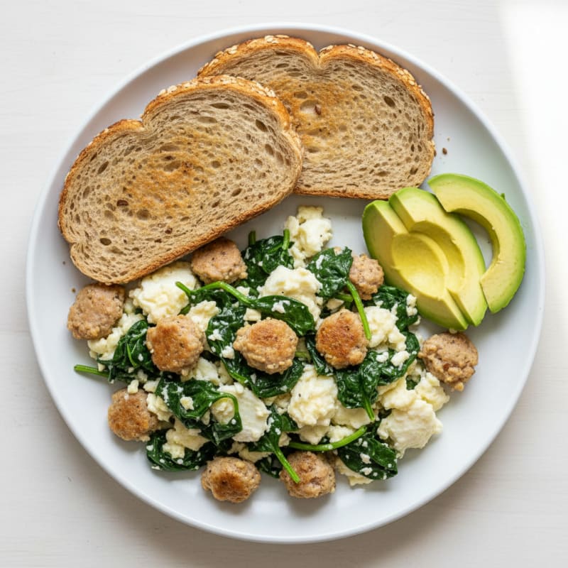 Egg White and Turkey Sausage Scramble with Sautéed Spinach