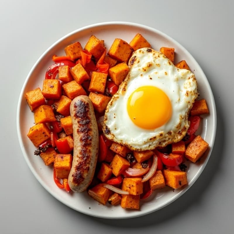 Crispy Sweet Potato Hash with Scrambled Eggs and Lean Chicken Sausage