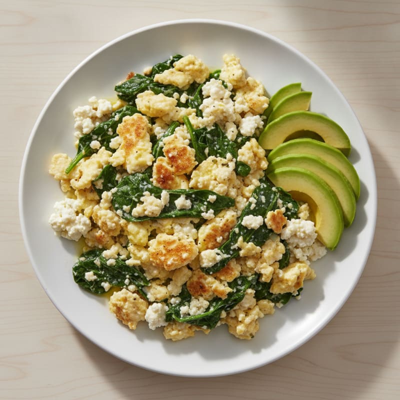 Scrambled Eggs with Cottage Cheese and Sautéed Spinach