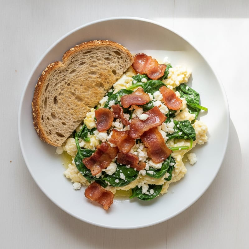 Crispy Turkey Bacon Egg White Scramble with Spinach and Feta