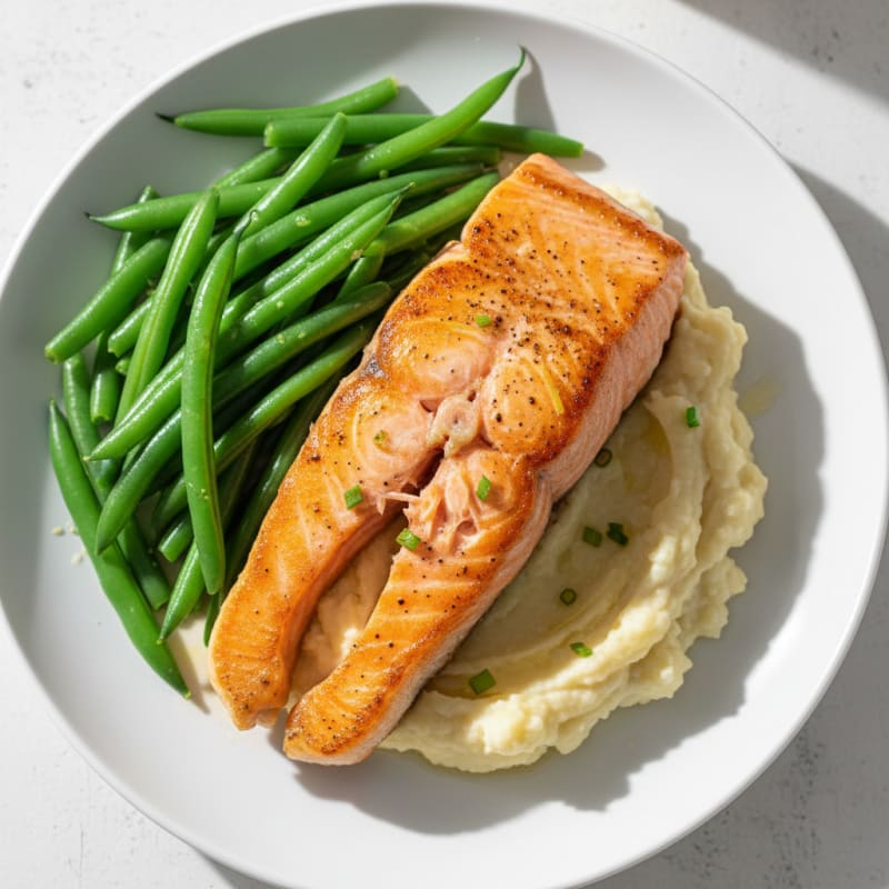 Seared Salmon with Steamed Green Beans and Cauliflower Mash