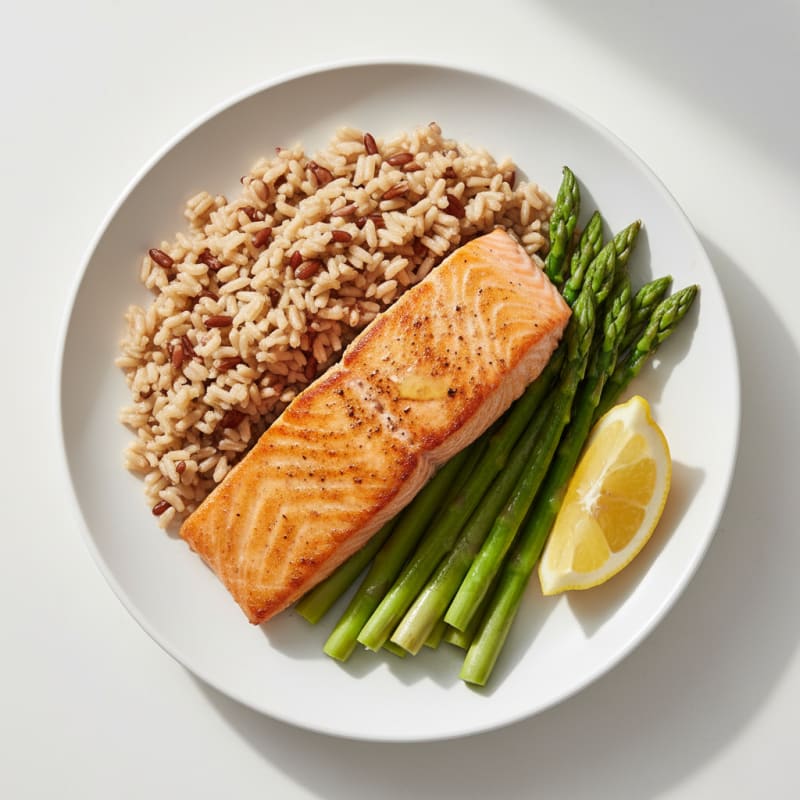 Seared Salmon Fillet with Steamed Asparagus and Brown Rice