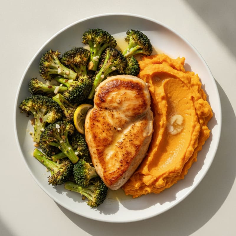 Seared Chicken Breast with Roasted Broccoli and Sweet Potato Mash