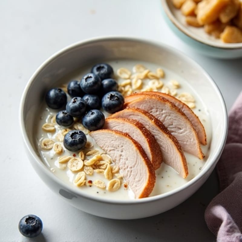 Creamy Yogurt Oatmeal with Sliced Turkey and Chia Seeds