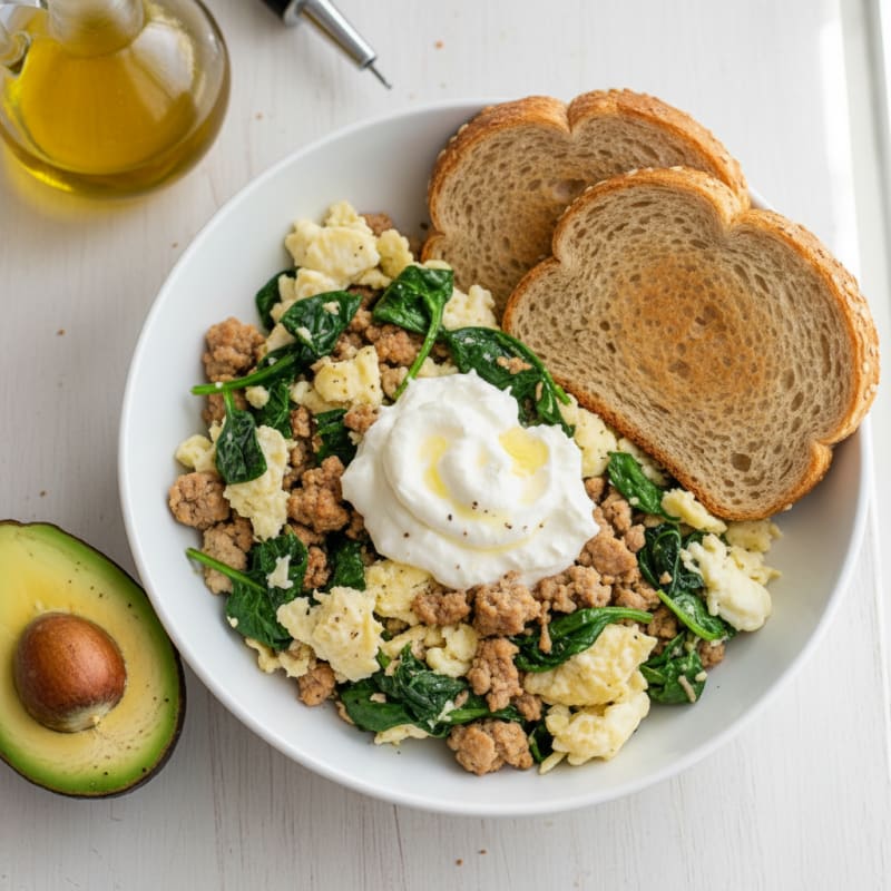 Egg White and Turkey Spinach Scramble with Cottage Cheese