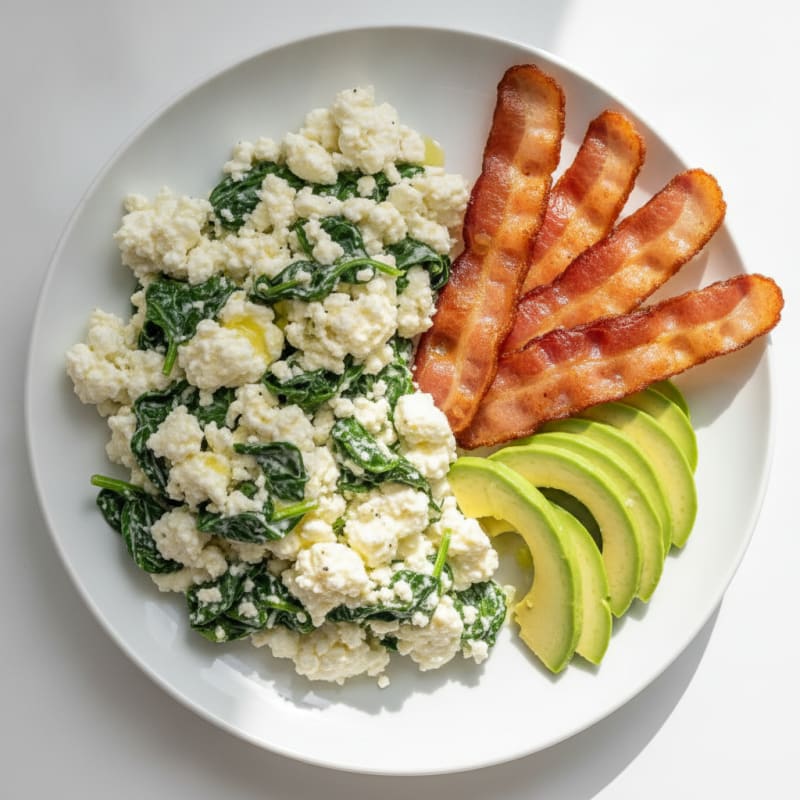 Cottage Cheese Egg White Scramble with Spinach and Turkey Bacon