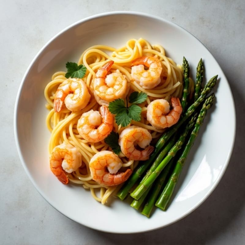 Garlic Butter Shrimp with Whole Wheat Linguine and Roasted Asparagus