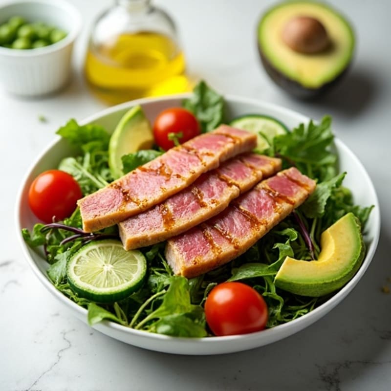 Seared Tuna Salad with Mixed Greens and Edamame