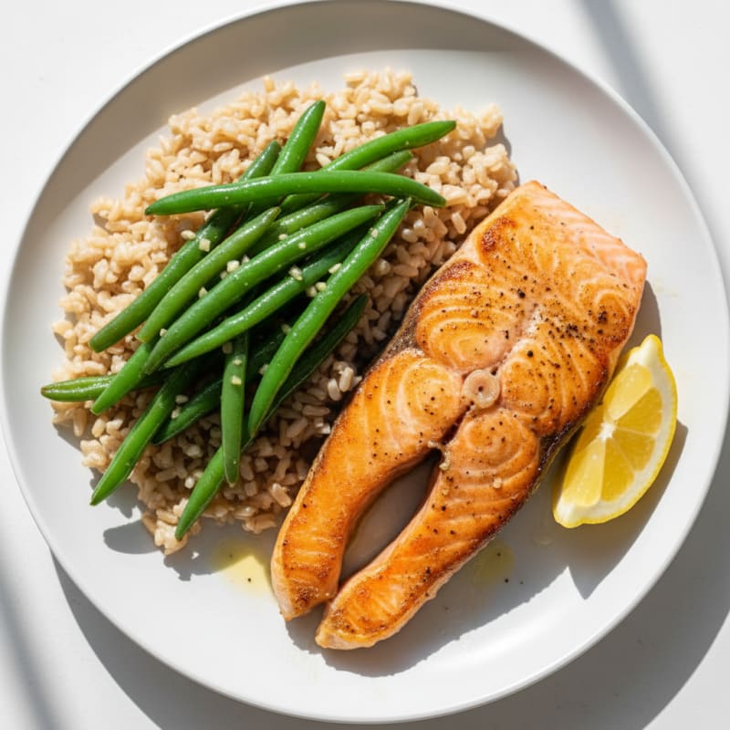 Seared Salmon with Garlic Green Beans and Brown Rice