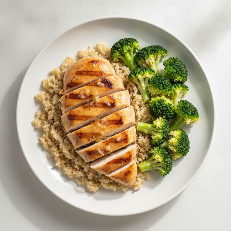 Grilled Lemon Garlic Chicken with Quinoa and Steamed Broccoli
