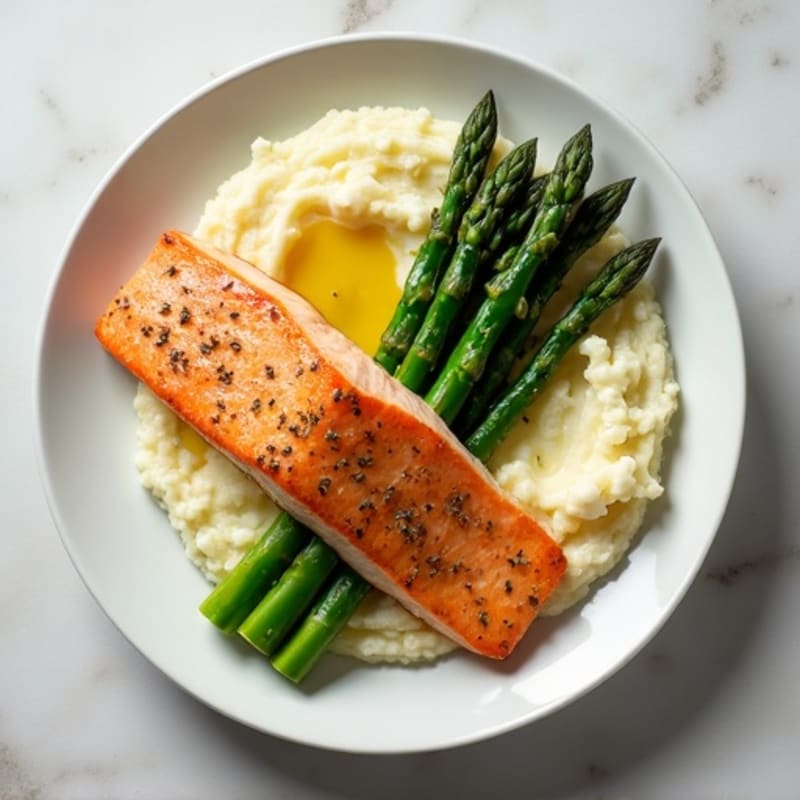 Seared Salmon Fillet with Steamed Asparagus and Cauliflower Mash