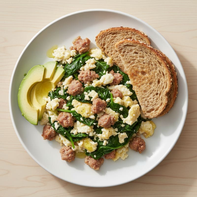 Egg White and Turkey Sausage Scramble with Sautéed Spinach