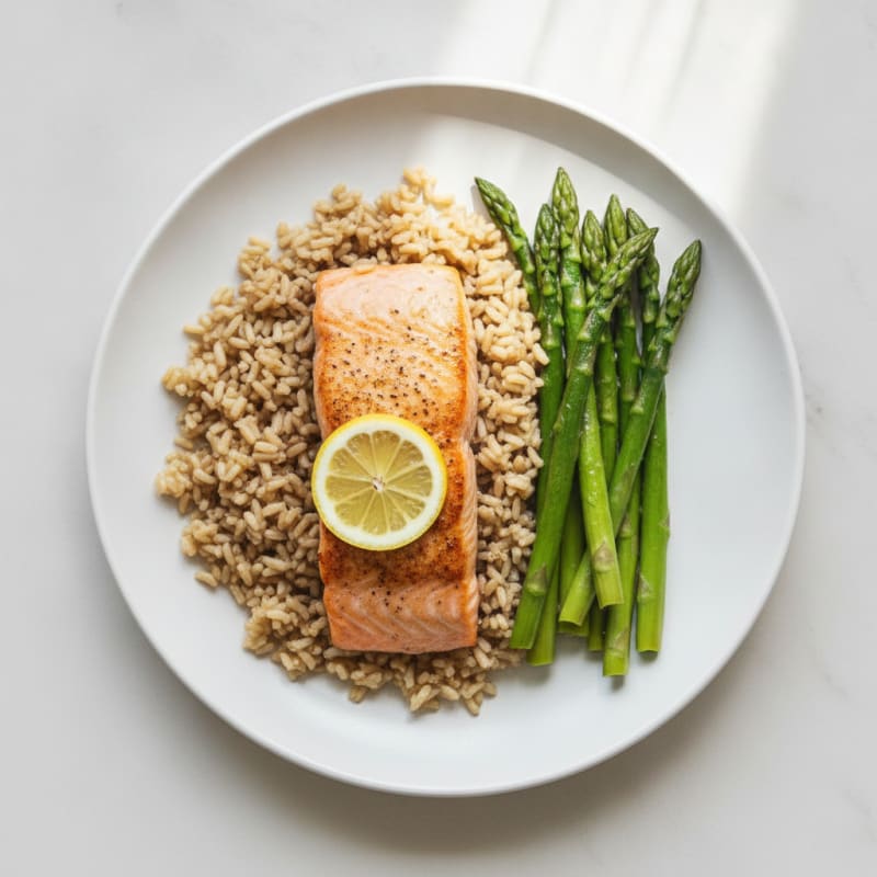 Seared Salmon with Steamed Asparagus and Brown Rice