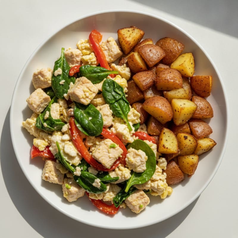 Egg White and Chicken Veggie Scramble with Roasted Potatoes