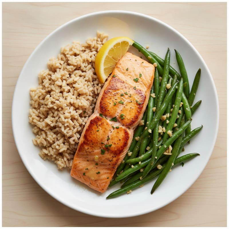 Seared Salmon with Garlic Green Beans and Brown Rice