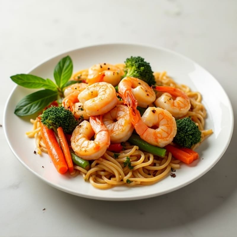 Shrimp and Veggie Rice Noodle Stir-Fry with Tangy Peanut Dressing