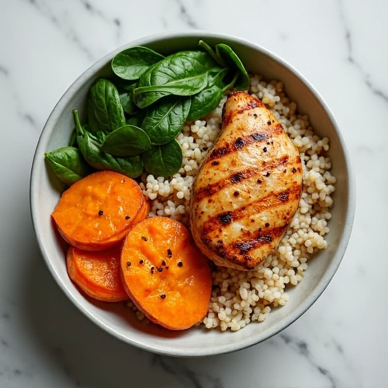 Grilled Chicken and Sweet Potato Bowl with Brown Rice and Spinach