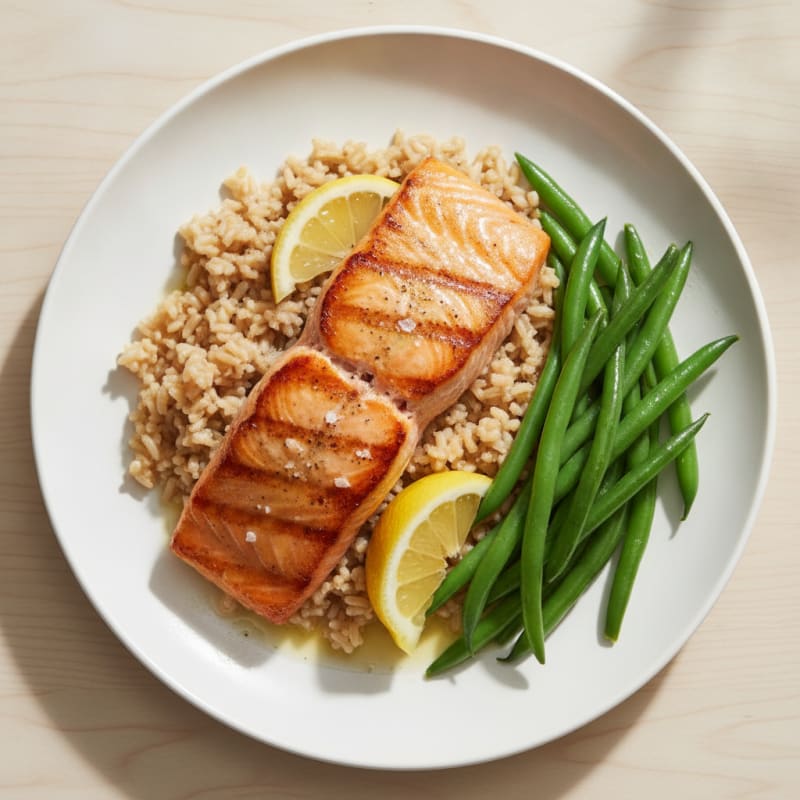 Seared Salmon Fillet with Steamed Green Beans and Brown Rice