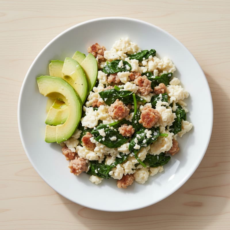 Egg White Scramble with Turkey Sausage and Sautéed Spinach