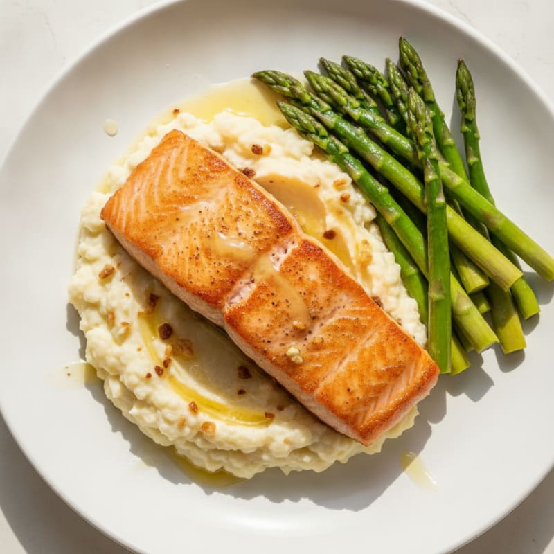 Seared Salmon with Steamed Asparagus and Garlic Mashed Cauliflower