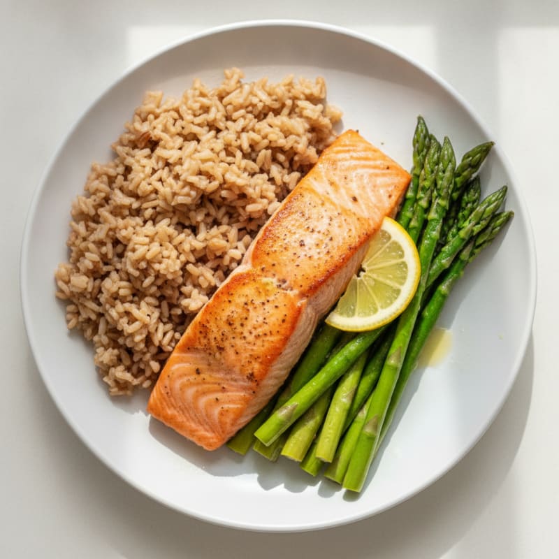Seared Salmon with Steamed Asparagus and Brown Rice