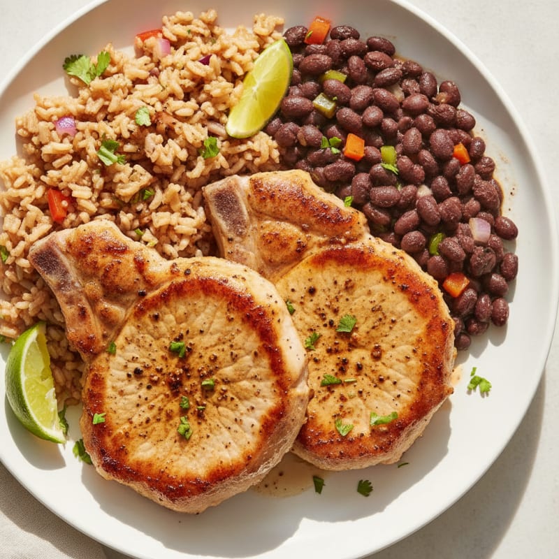 Pan-Seared Pork Chops with Rice and Beans