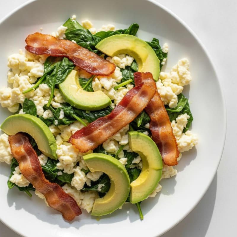 Crispy Turkey Bacon and Egg White Scramble with Sautéed Spinach