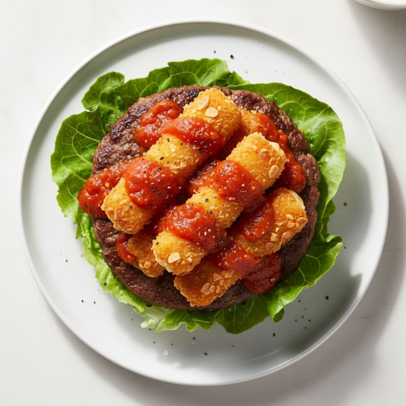 Mozzarella Stick Beef Burger with Marinara