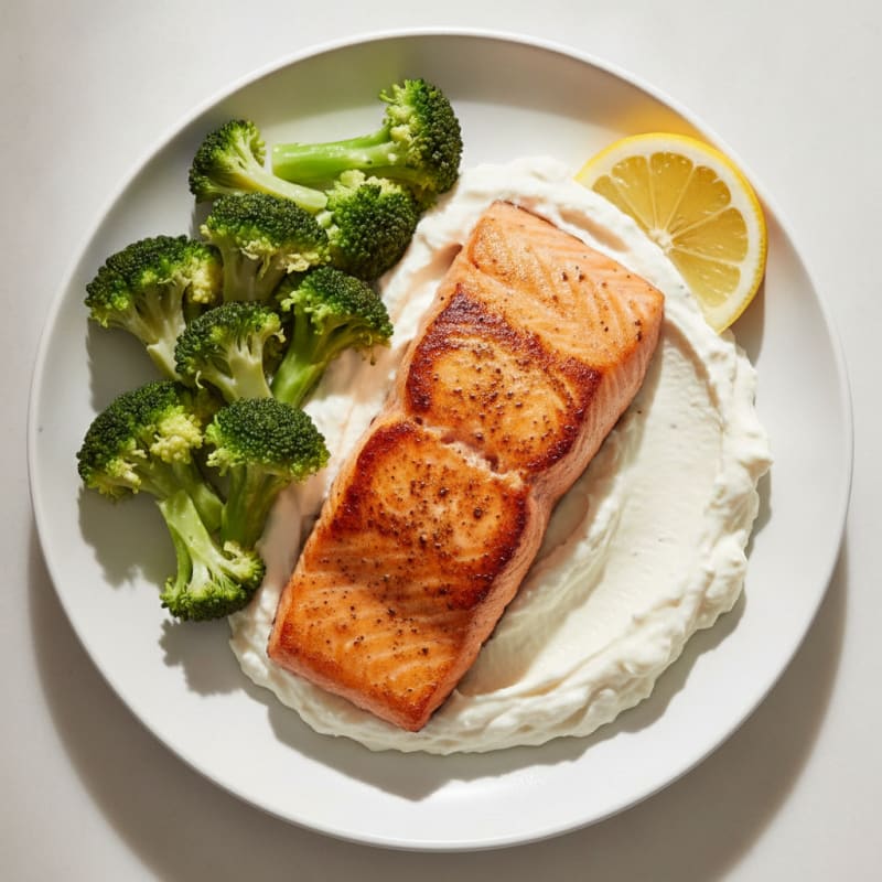 Seared Salmon with Steamed Broccoli and Cauliflower Mash