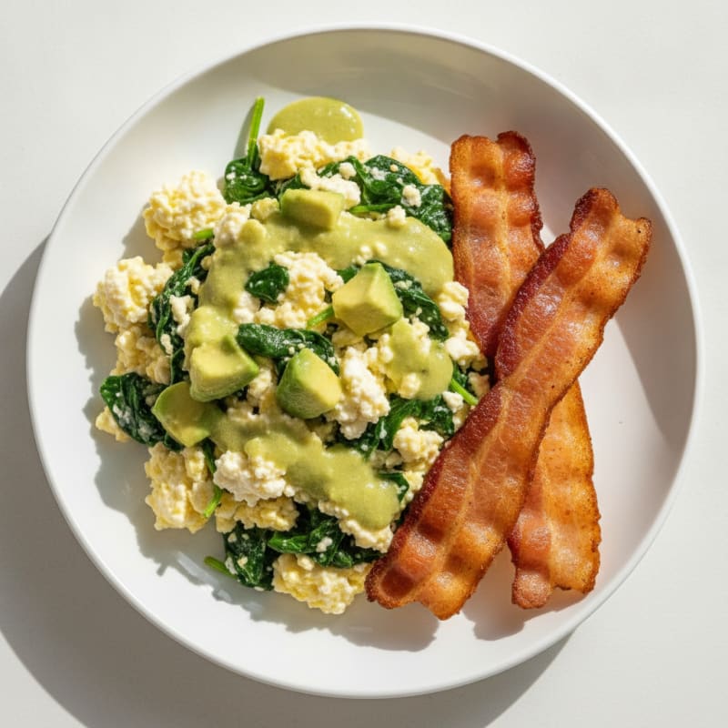 Cottage Cheese Egg Scramble with Spinach and Turkey Bacon
