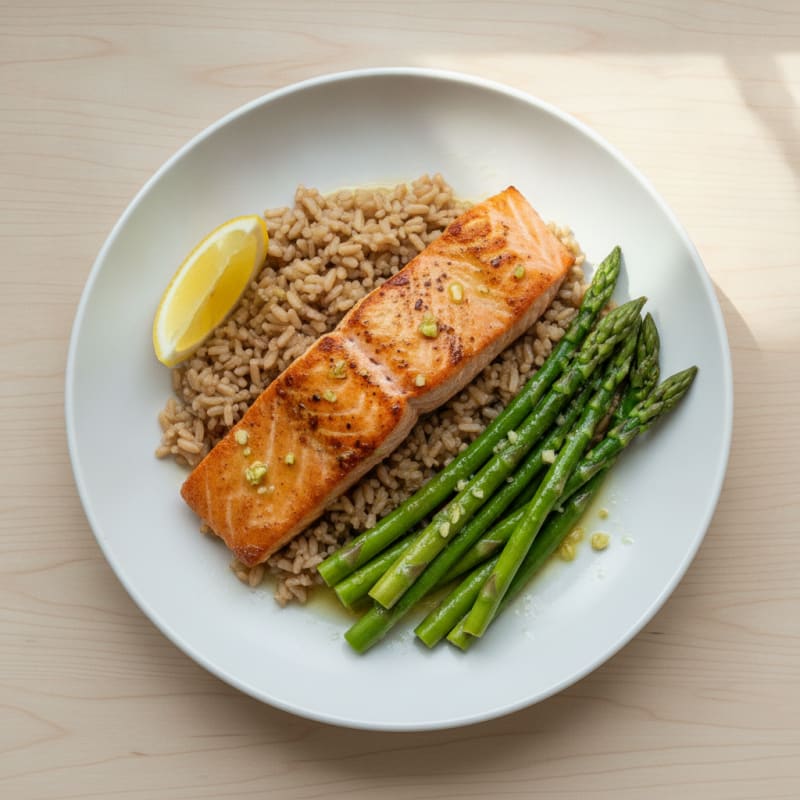 Seared Salmon with Steamed Asparagus and Brown Rice