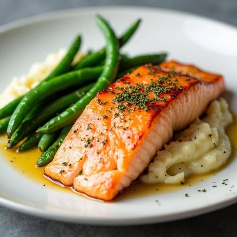 Seared Salmon Fillet with Garlic Green Beans and Cauliflower Mash