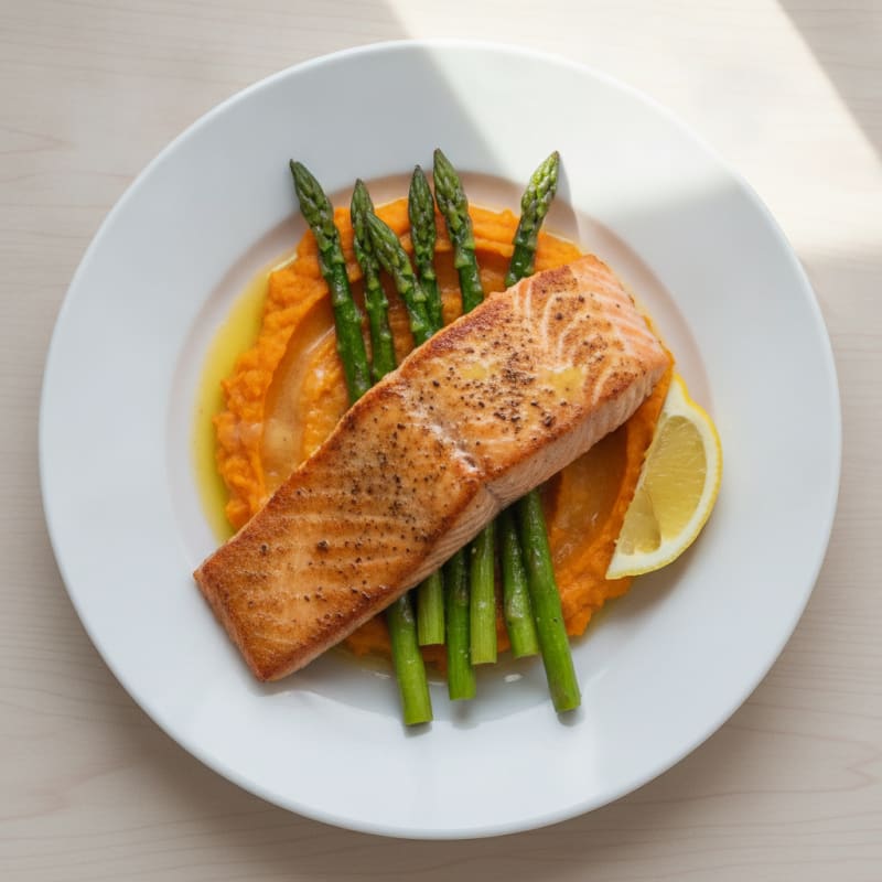 Seared Salmon Fillet with Roasted Asparagus and Sweet Potato Mash