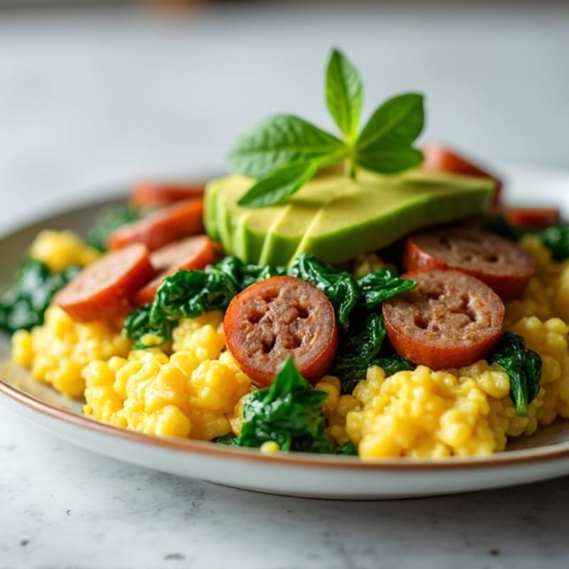 Egg White Scramble with Turkey Sausage and Sautéed Spinach