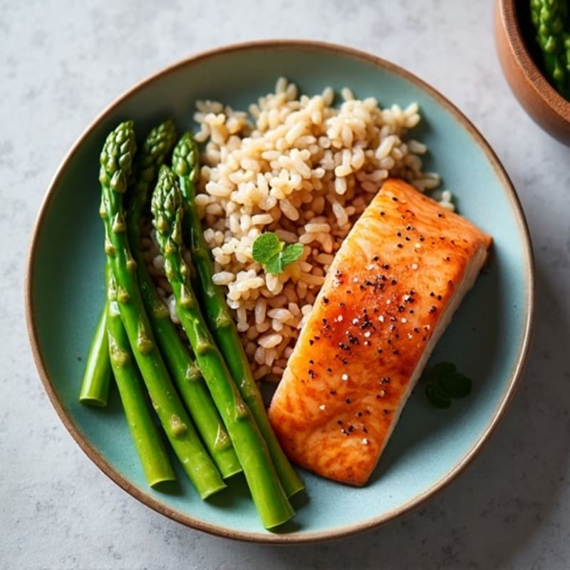Seared Salmon with Steamed Asparagus and Brown Rice