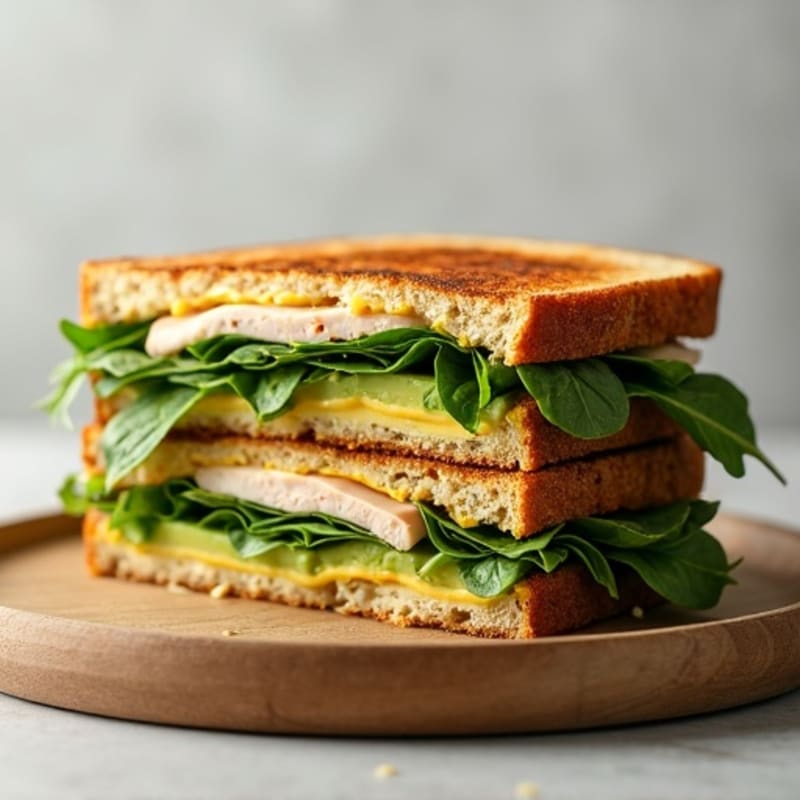Crispy Layered Whole Grain Grilled Sandwich with Lean Turkey, Creamy Avocado, and Fresh Spinach