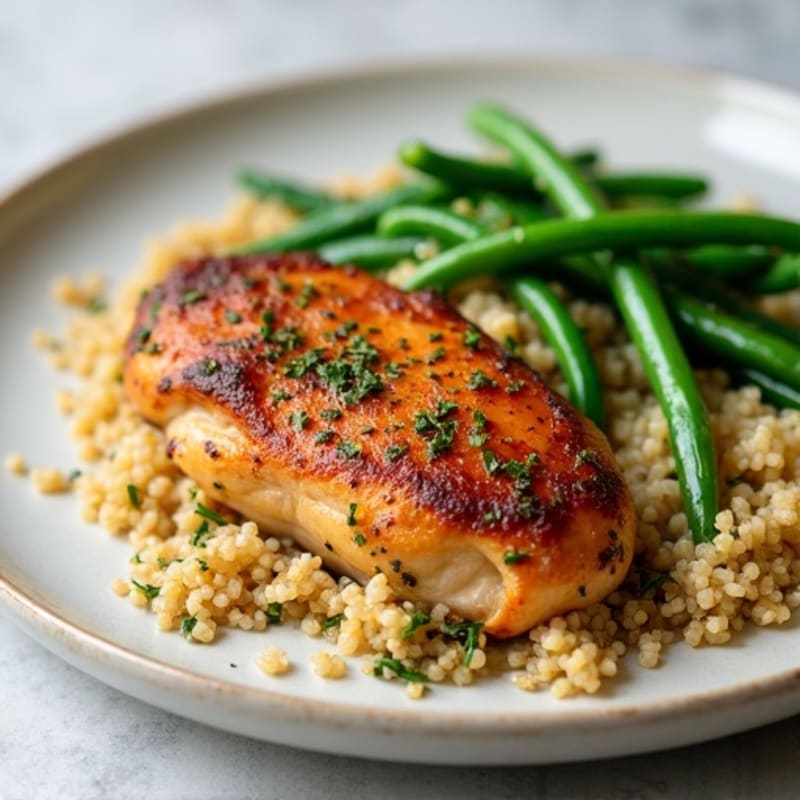 Herb-Seared Chicken Thighs with Steamed Green Beans and Quinoa