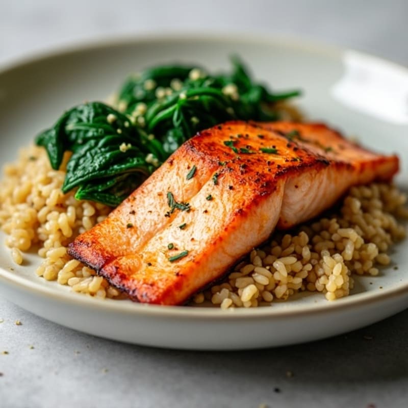 Seared Salmon with Garlic Spinach and Steamed Brown Rice