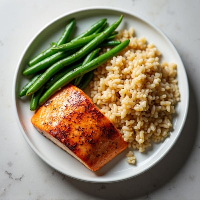 Seared Salmon Fillet with Garlic Green Beans and Brown Rice