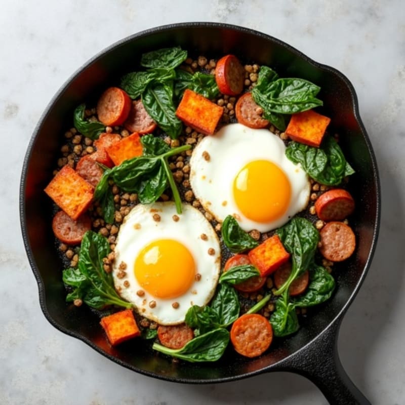 Crispy Sweet Potato and Turkey Sausage Breakfast Skillet with Sautéed Greens